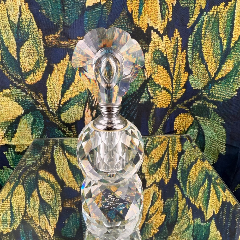 Simon & Deirdre Crystal Perfume Bottle Faceted Round Base Fan Stopper Clear 5.5"